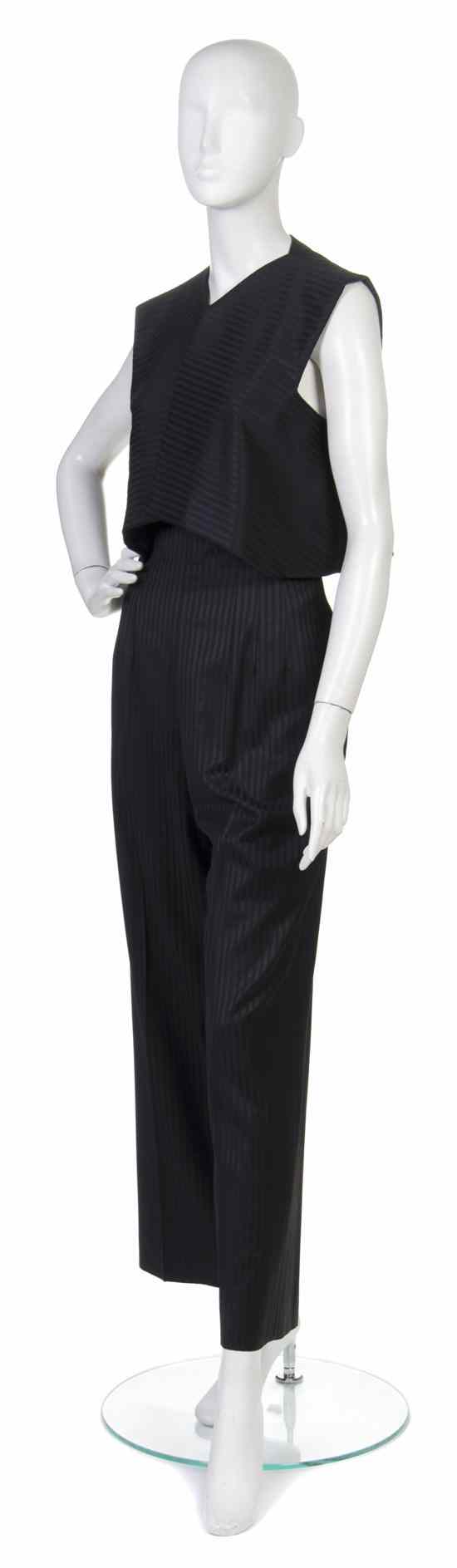 Appraisal: A Pauline Trigere Black Striped Pant Ensemble with a vest