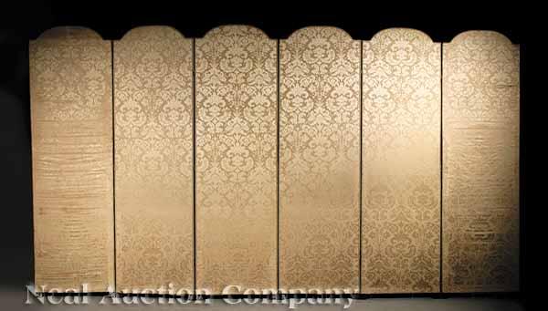 Appraisal: An Antique Upholstered Folding Screen c six panels arched at