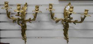 Appraisal: Pair of French bronze three light candle sconces ht in