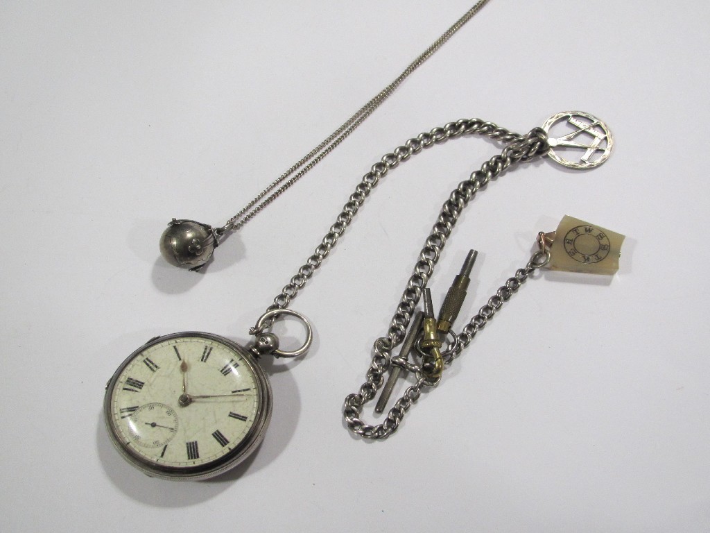 Appraisal: Silver cased pocket watch with silver Albert chain and three