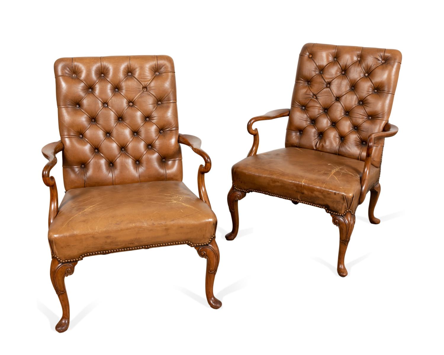 Appraisal: PAIR QUEEN ANNE STYLE TUFTED LEATHER ARMCHAIRS Pair of armchairs