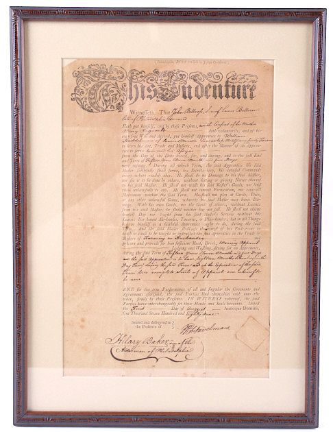 Appraisal: Indenture Apprentice Contract Featured in this lot we have a