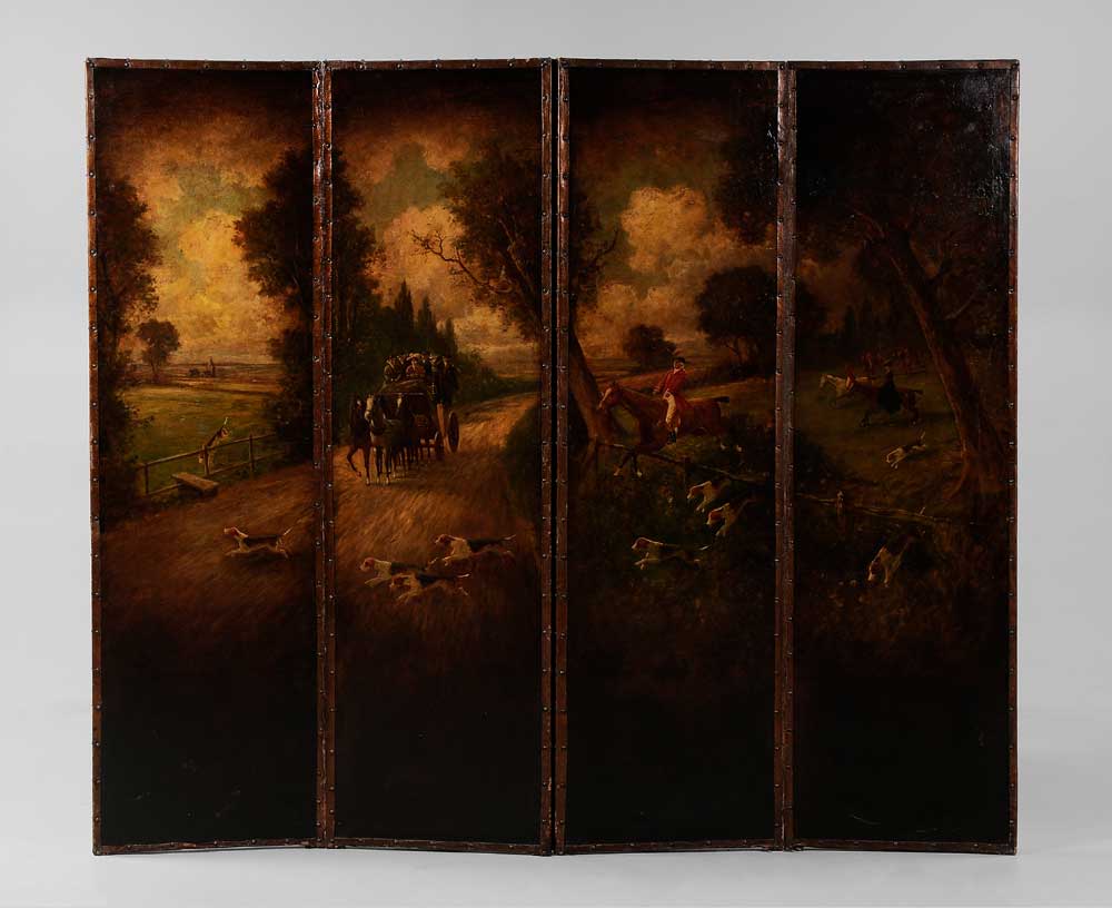 Appraisal: Painted Leather Four-Panel Room Screen late th early th century