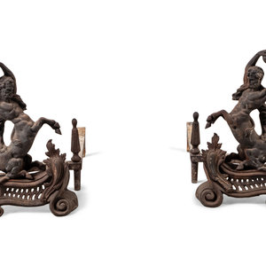 Appraisal: A Pair of Continental Iron Andirons with Hercules and the