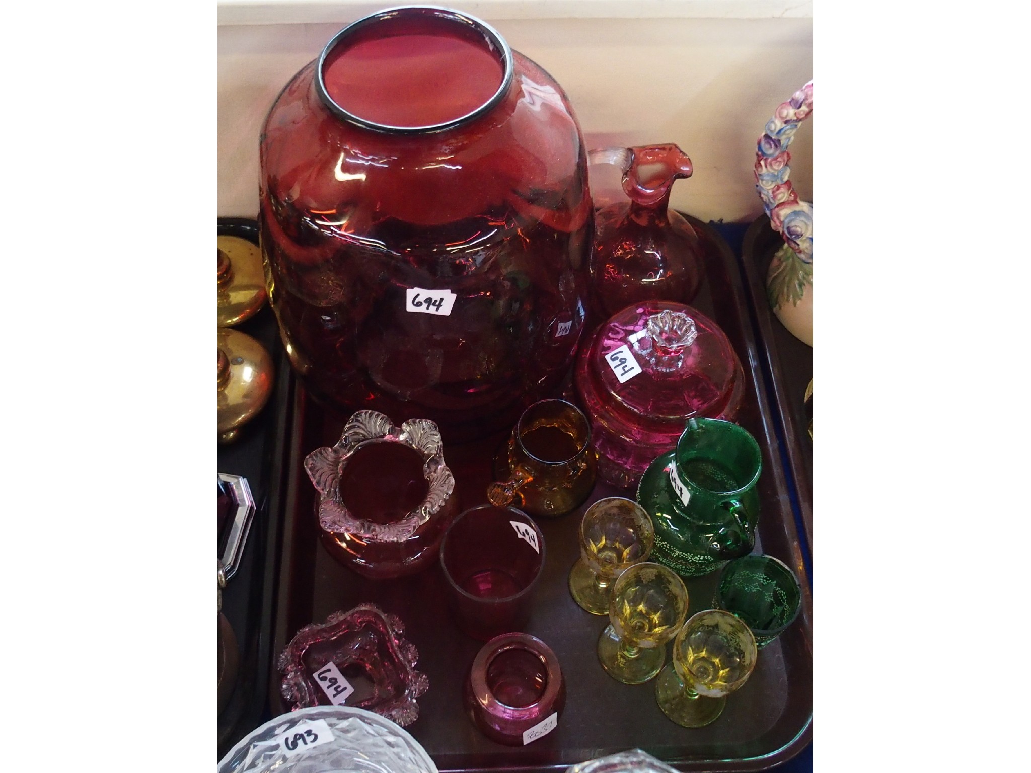 Appraisal: Tray comprising cranberry and coloured glass vases vessels and table