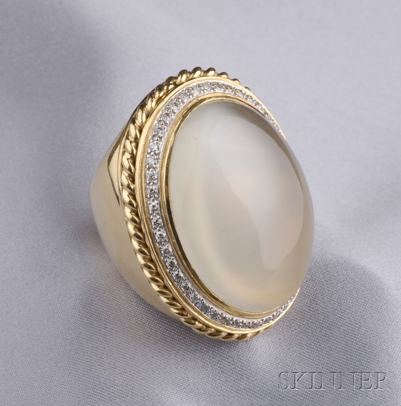 Appraisal: kt Gold Moonstone and Diamond Ring bezel-set with a moonstone