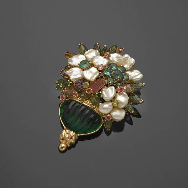 Appraisal: A pearl diamond tourmaline and k gold brooch