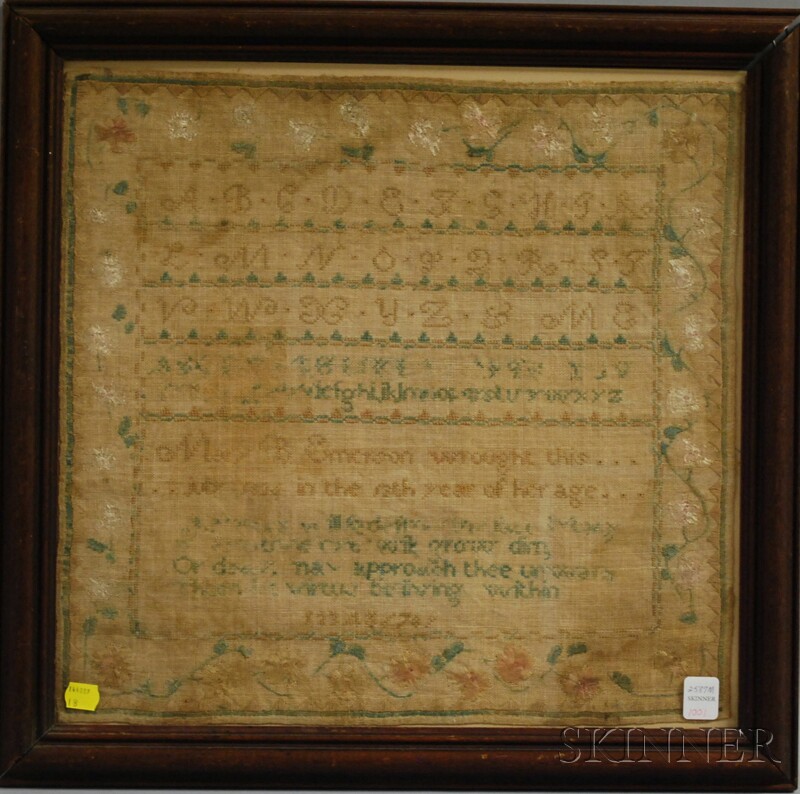 Appraisal: Framed Mary Emerson Needlework Sampler losses sight size x in