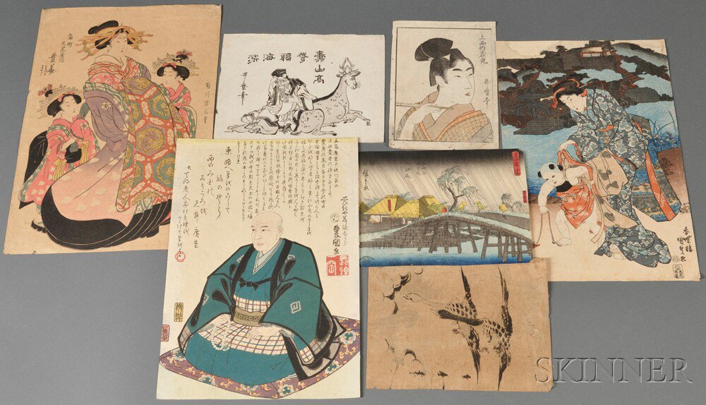 Appraisal: Seven Woodblock Prints Japan th th century two prints by