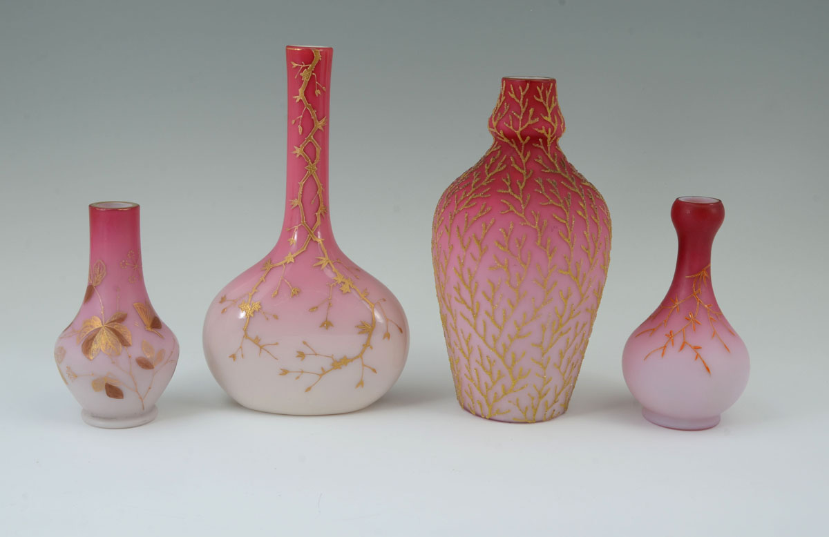 Appraisal: PIECE PEACHBLOW CORALINE GLASS VASES An assembled collection attributed to