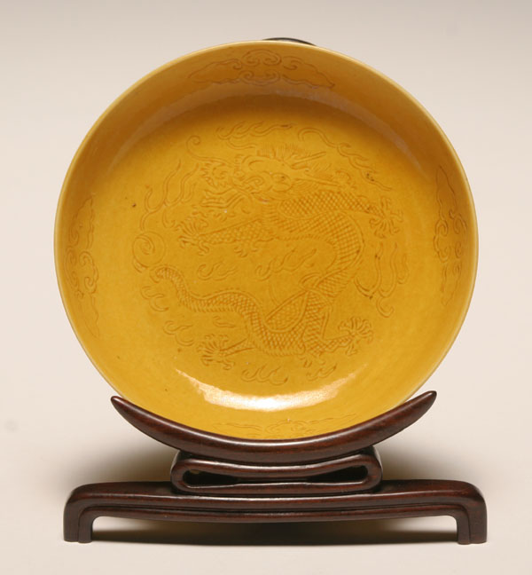 Appraisal: Chinese Qing Dynasty yellow porcelain dish Guangxu period incised dragon