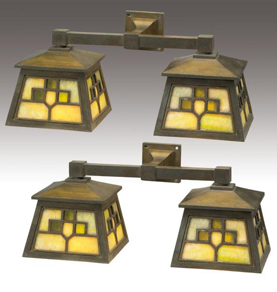 Appraisal: ARTS CRAFTS LIGHTING Pair of leaded glass double wall lanterns