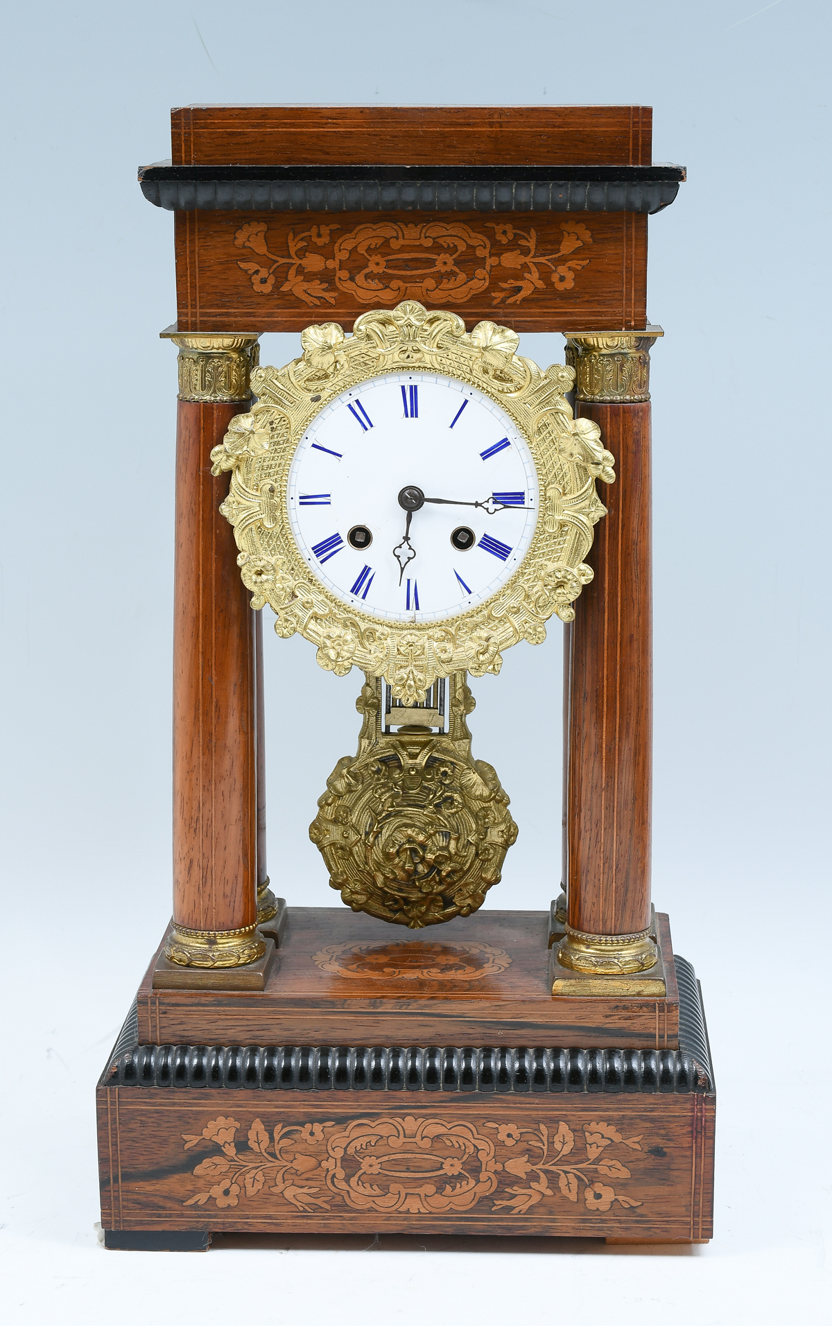 Appraisal: MARQUETRY INLAID PORTICO CLOCK th-century French Portico clock having an