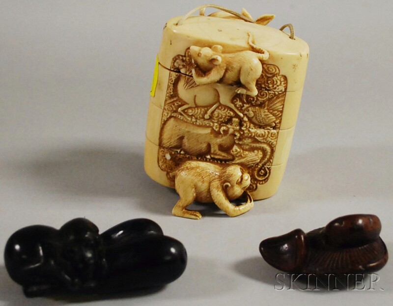 Appraisal: Japanese Carved Ivory Four-part Inro and Two Carved Wood Netsuke