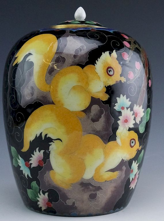 Appraisal: Chinese Export Cloisonne Porcelain Squirrel Jar Vintage Chinese export cloisonne