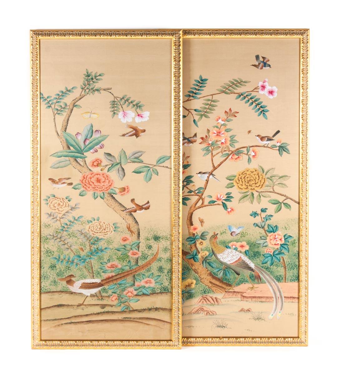 Appraisal: Pair of hand painted decorative panels framed Possibly Chinese th