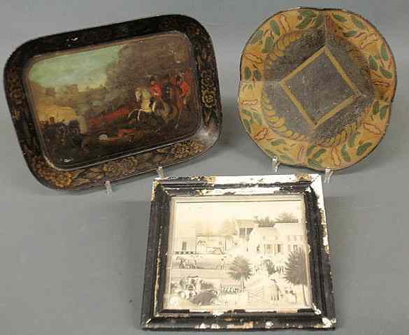 Appraisal: Paint decorated tray with a military battle scene possibly the