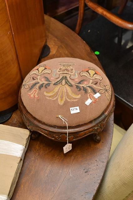 Appraisal: AN ANTIQUE ENGLISH CARVED OAK FOOTSTOOL WITH TAPESTRY TOP AN