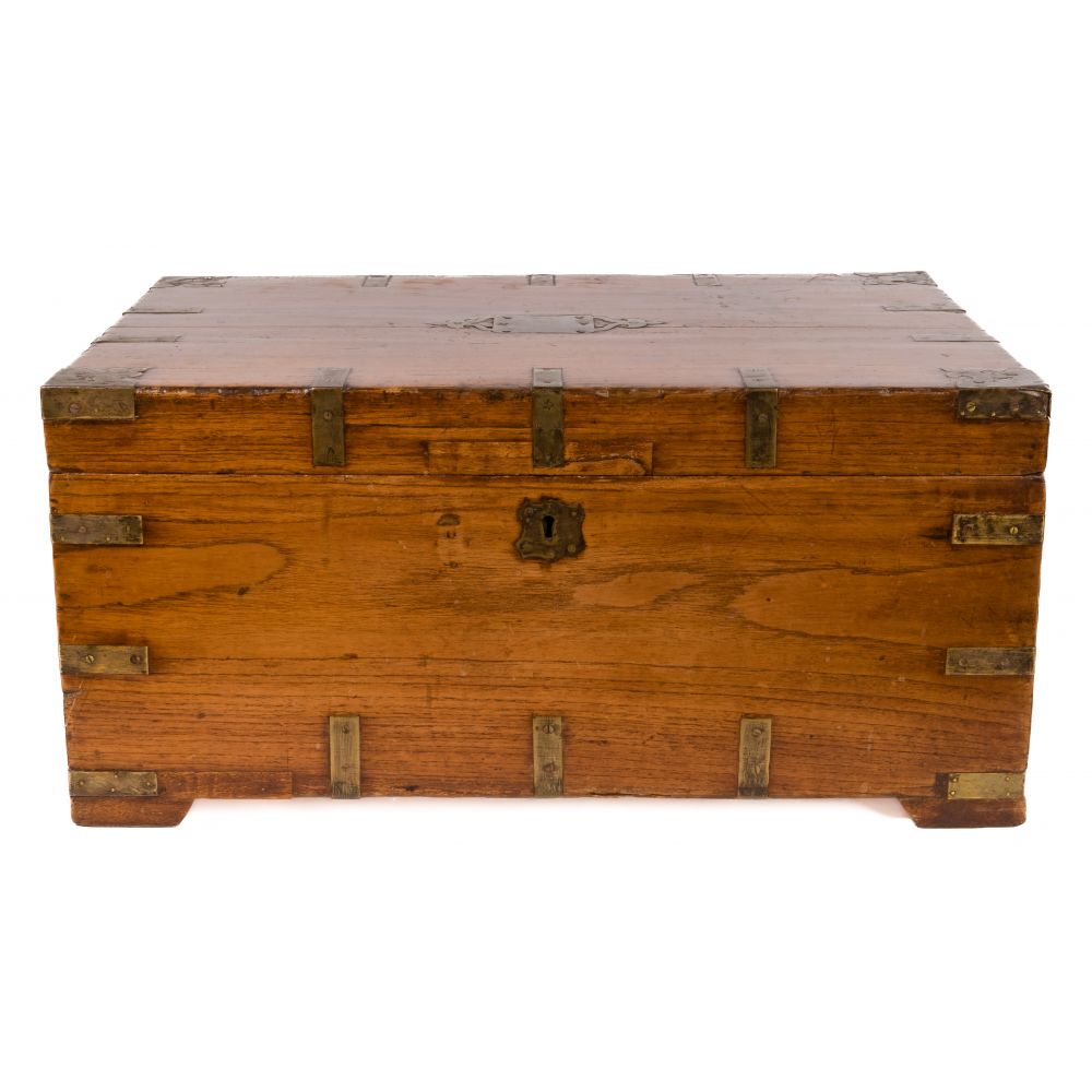 Appraisal: BRITISH COLONIAL BRASS BOUND WOOD CHESTDivided storage compartments including removable