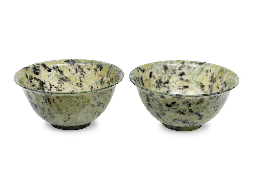 Appraisal: A Pair of Chinese Spinach Jade Bowls A Pair of