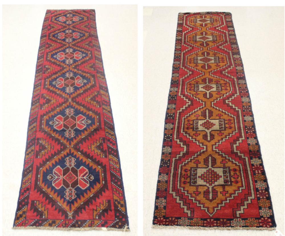 Appraisal: TWO HAND KNOTTED ORIENTAL HALL RUGS Pakistani tribals repeating geometric