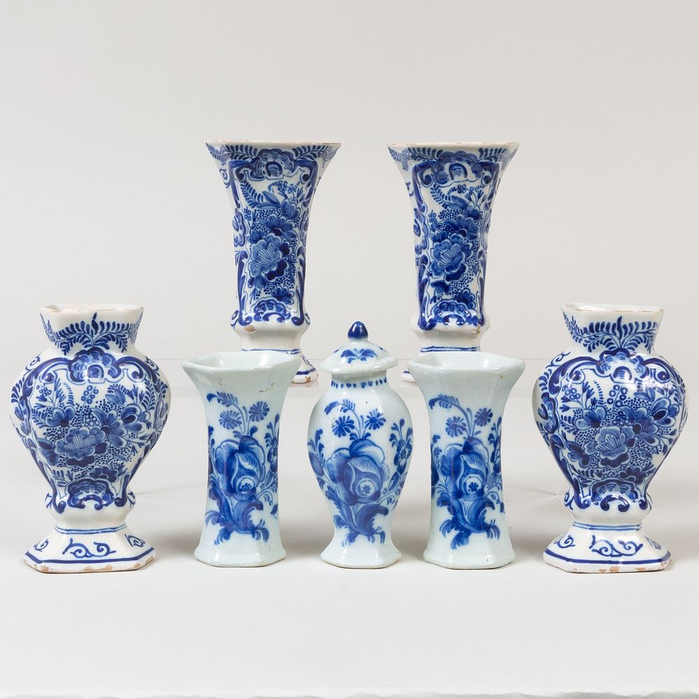 Appraisal: Assembled Miniature Seven-Piece Dutch Delft Garniture Four with blue painted