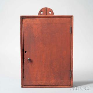 Appraisal: Red-painted Hanging Cupboard America th century square-cut nail construction with