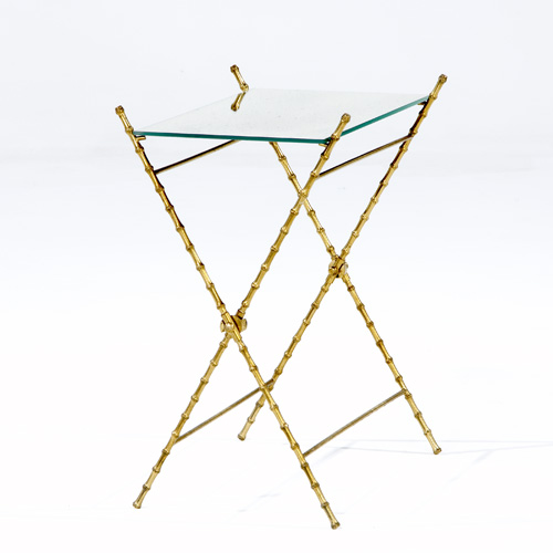 Appraisal: BAGUES Brass-finished iron folding table in bamboo motif with glass