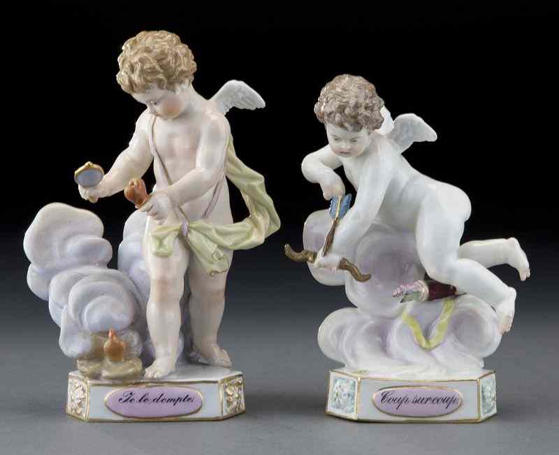 Appraisal: Meissen porcelain figures of puttistanding amidst clouds and pursuing various