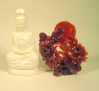 Appraisal: Chinese red quartz grouping white stone quanyin and tiger eye