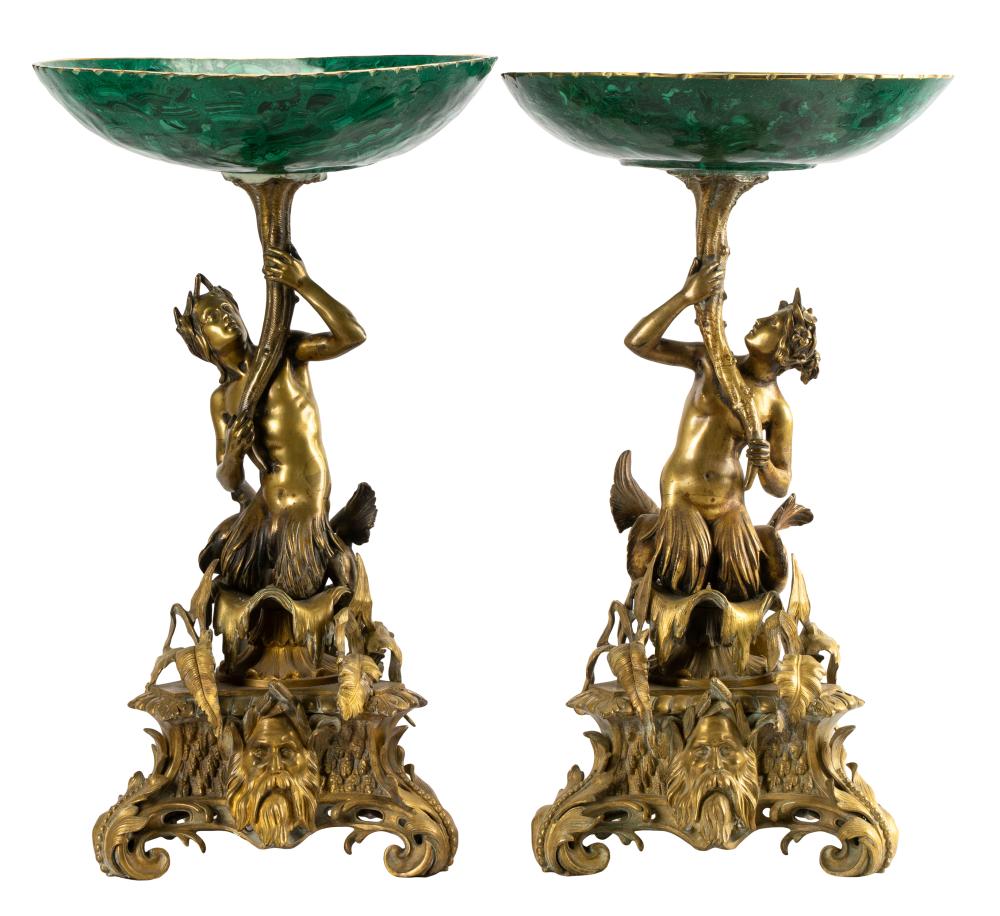 Appraisal: PAIR OF FIGURAL TAZZASgilt metal and faux malachite inches diameter