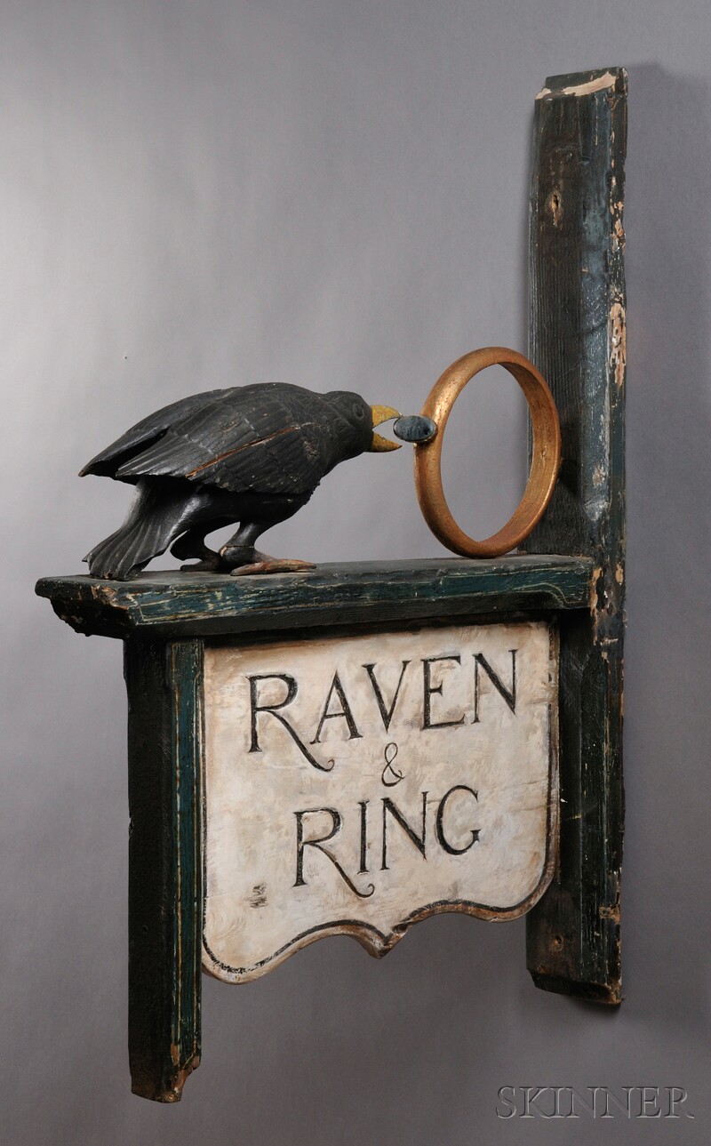 Appraisal: Carved and Painted RAVEN RING Tavern Sign th century fully