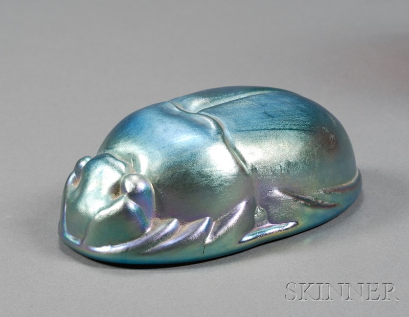 Appraisal: Scarab Paperweight Blue iridescent glass Probably Tiffany th century Molded