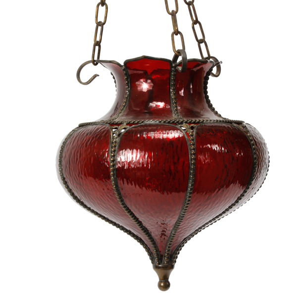 Appraisal: Victorian ruby glass hanging pendant hall lamp with fleur de