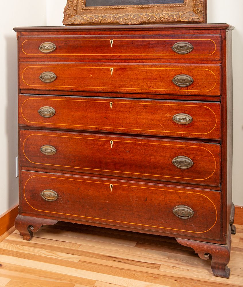 Appraisal: Early 's Inlaid Chippendale Chest Early 's Inlaid Chippendale Chest