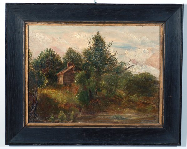 Appraisal: Landscape of log house in trees oil on canvas board