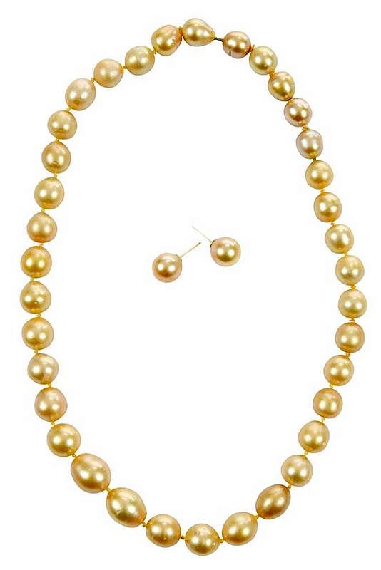 Appraisal: Golden Pearl Necklace and Earrings necklace knotted baroque cultured pearls