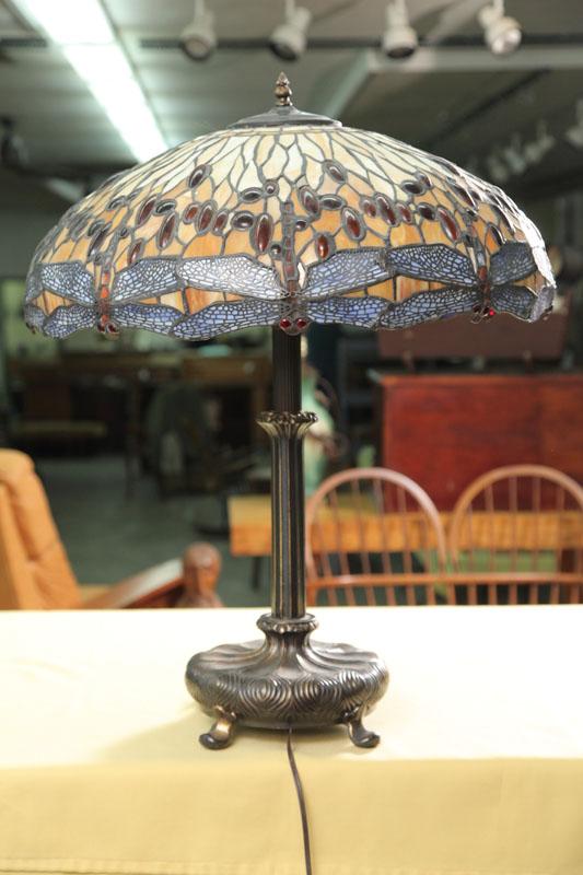 Appraisal: TABLE LAMP Footed metal base lamp with dragonfly leaded glass