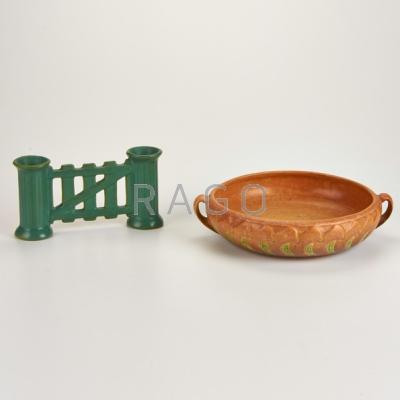 Appraisal: ROSEVILLE Matte Green Gate double-bud vase and Falline two-handled bowl