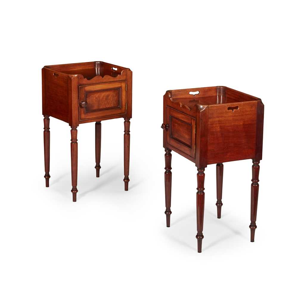 Appraisal: MATCHED PAIR OF LATE REGENCY MAHOGANY BEDSIDE TRAY-TOP POT CUPBOARDS