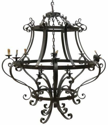 Appraisal: Monumental wrought iron twelve-light chandelier late th c scrolled cage