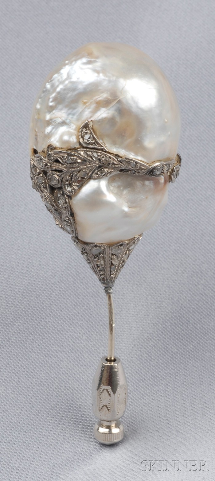 Appraisal: Antique Baroque Pearl and Diamond Hat Pin the pearl measuring