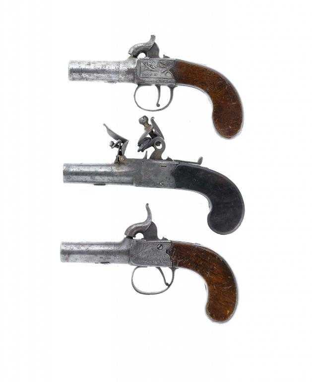 Appraisal: A BORE FLINTLOCK POCKET PISTOL the lock engraved with swags