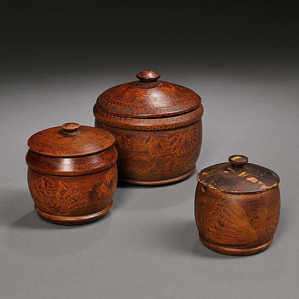 Appraisal: Three Graduated Putty-painted Treenware Covered Boxes Midwestern United States early