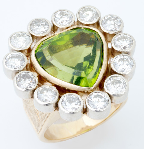 Appraisal: Heart-shaped peridot ring with diamonds in k yg Faceted peridot