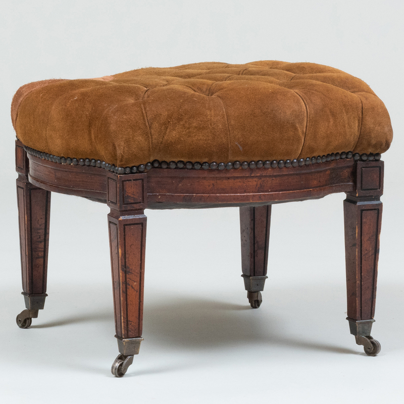 Appraisal: EDWARDIAN MAHOGANY AND TUFTED SUEDE STOOL On casters x x