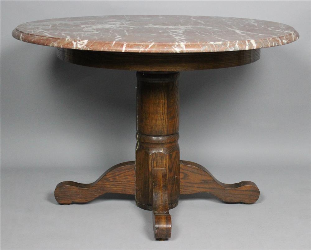 Appraisal: EMPIRE OAK PEDESTAL TABLE WITH MARBLE TOP top with molded