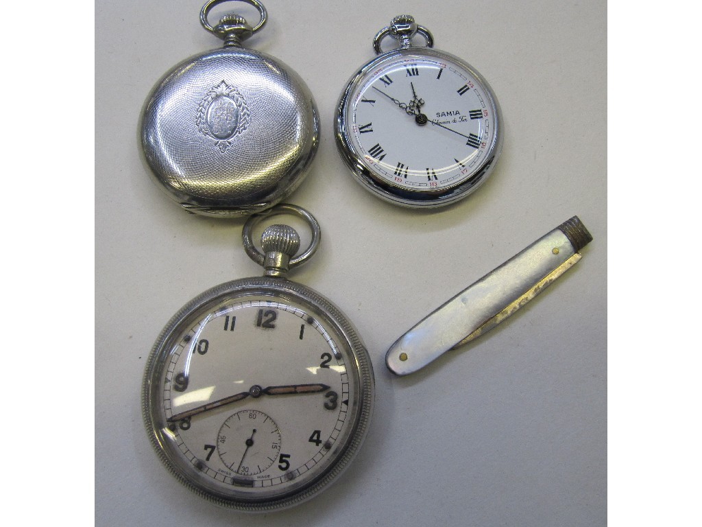 Appraisal: Lot comprising three pocket watches and a silver and mother