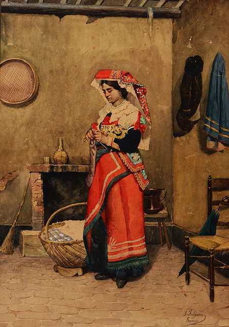 Appraisal: J JULIANAItalian lady in traditional dress knitting beside a fire