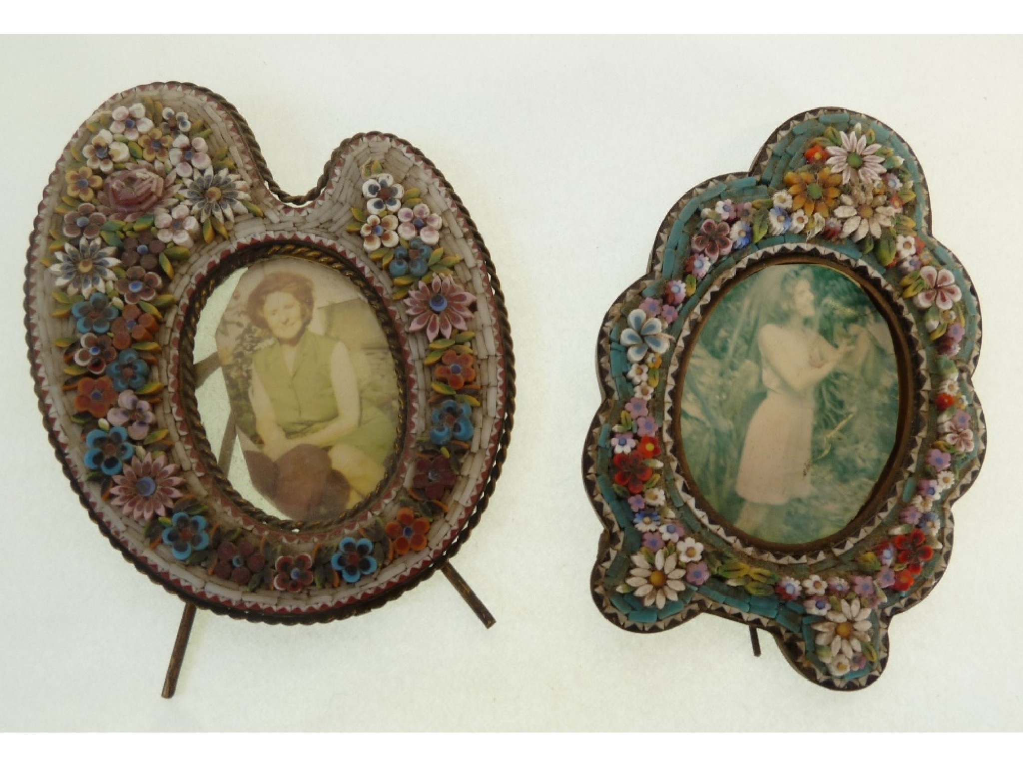 Appraisal: TWO MICRO-MOSAIC EASEL PHOTOGRAPH FRAMES each shaped oval form with